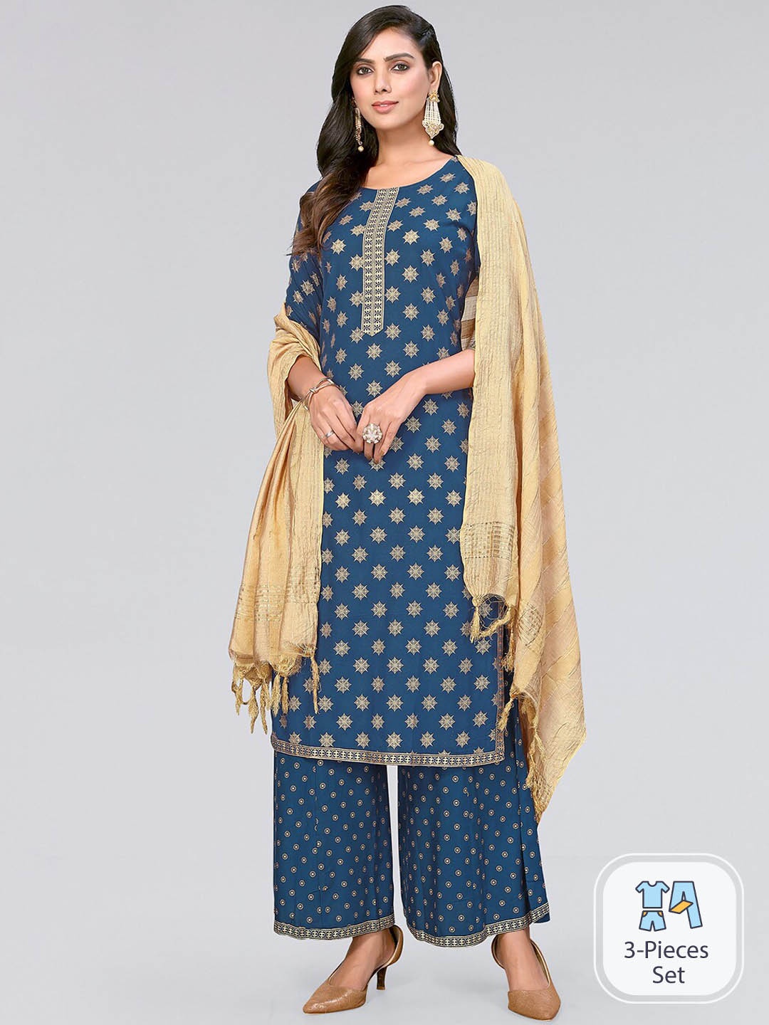 

KALINI Ethnic Motifs Printed Regular Kurta with Palazzos & With Dupatta, Teal