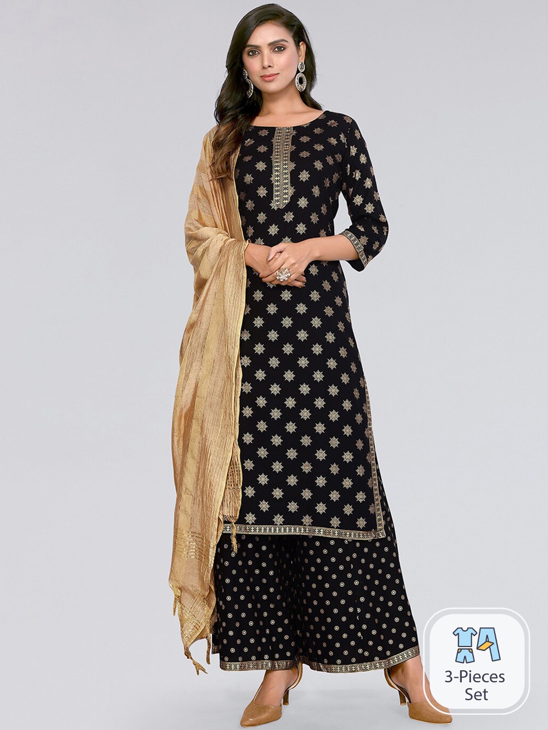 

KALINI Floral Printed Regular Kurta with Palazzos & Dupatta, Black