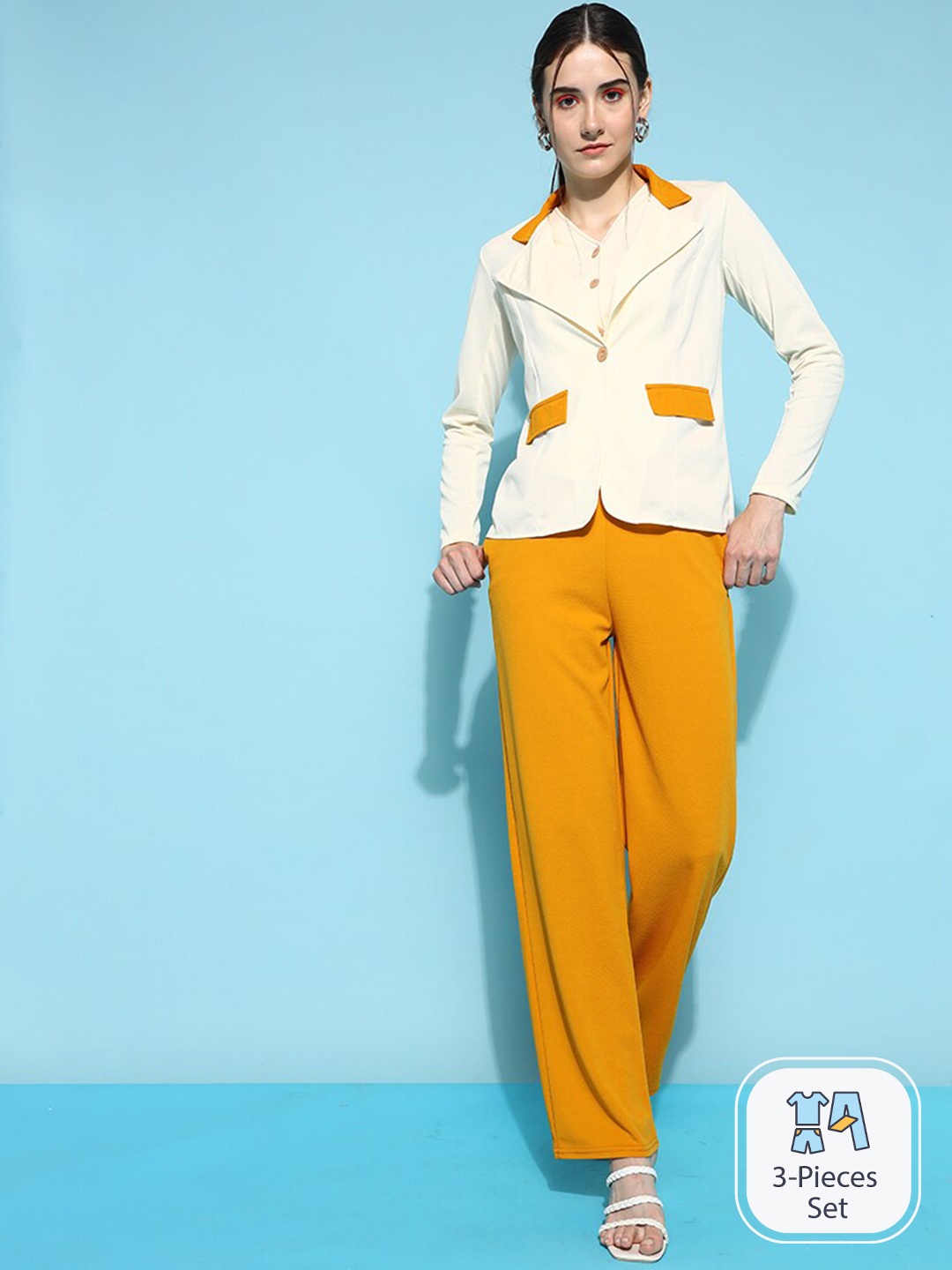 

WESTHOOD V-Neck Top Shirt Collar Jacket With Straight Trousers, Mustard