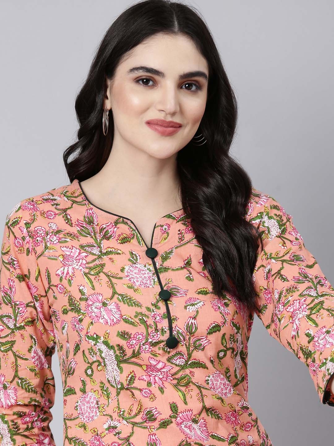 

KALINI Floral Printed Pure Cotton Kurta With Trousers, Peach