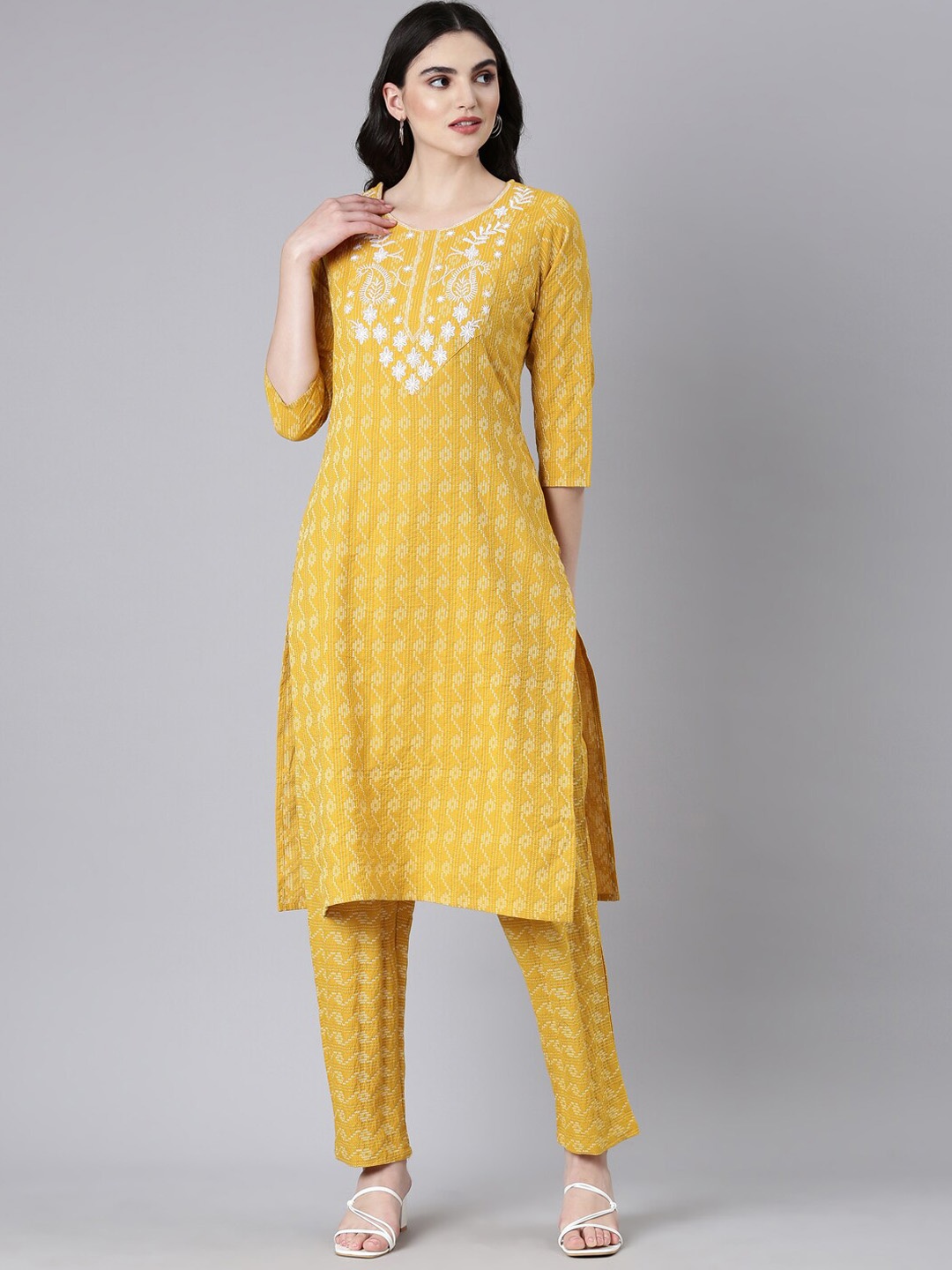 

KALINI Floral Embroidered Thread Work Pure Cotton Kurta With Trousers, Mustard