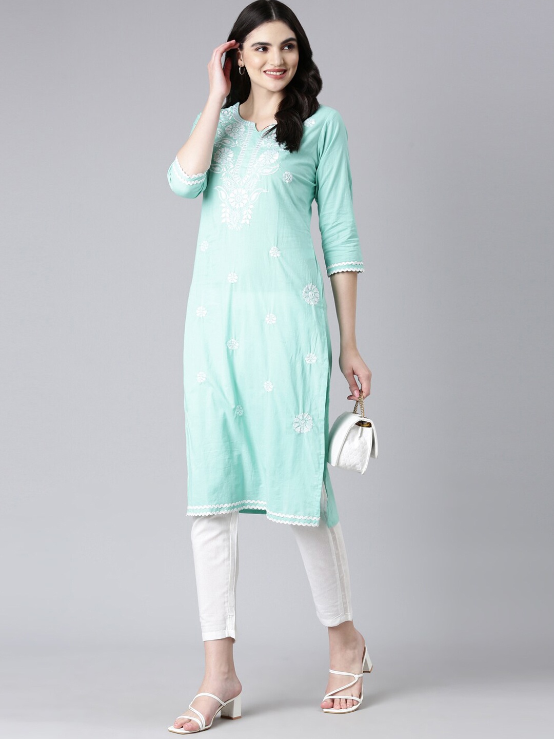 

KALINI Floral Embroidered Thread Work Pure Cotton Kurta With Trousers, Blue