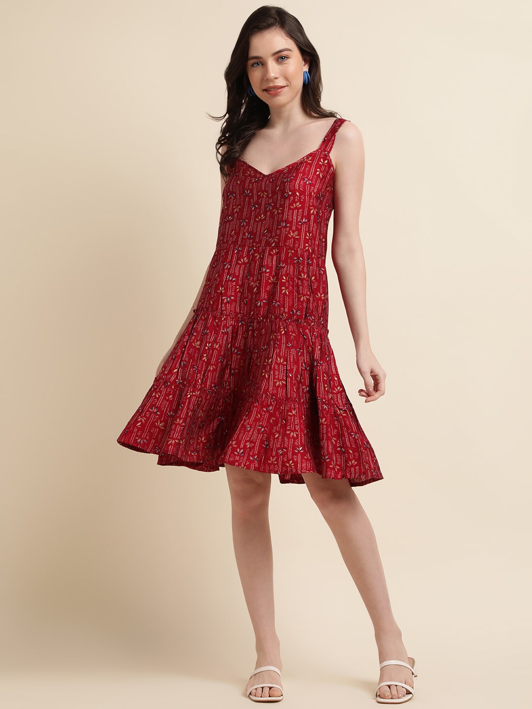 

Nimayaa Floral Printed Shoulder Straps Pleated Tiered Flounce Hem A-Line Dress, Red