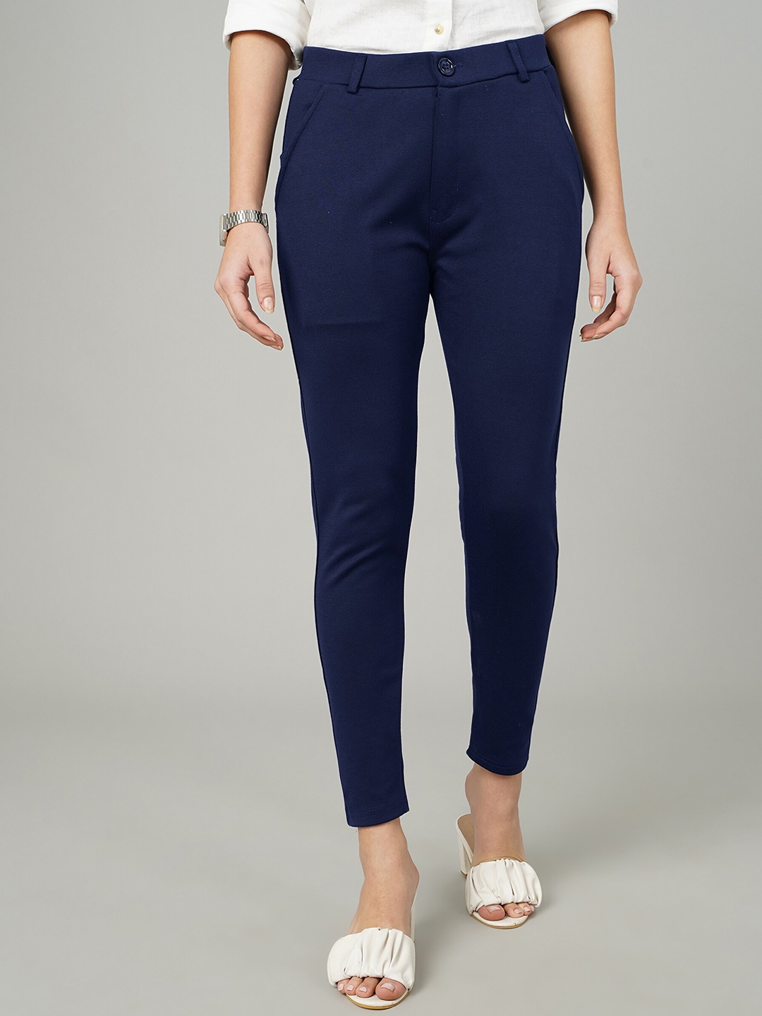 

FITHUB Women Sharp Slim Fit High-Rise Formal Trousers, Navy blue