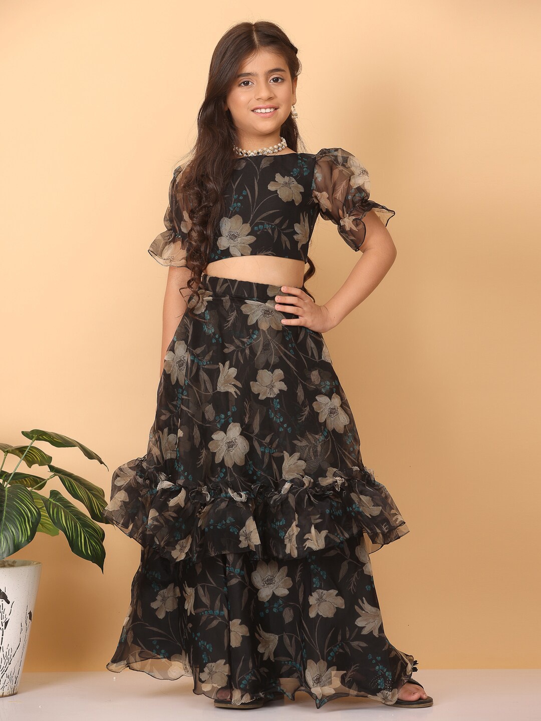 

Ethnovog Girls Floral Printed Ready to Wear Organza Lehenga Choli, Black