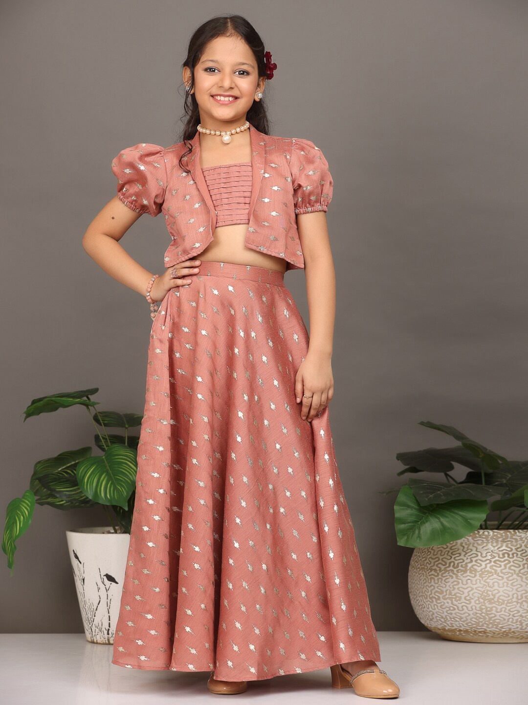 

Ethnovog Girls Woven Design Ready to Wear Organza Lehenga Choli, Brown