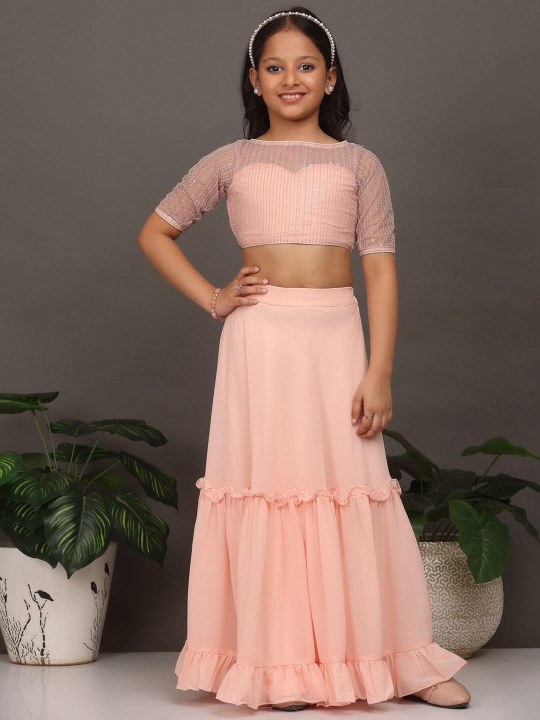 

Ethnovog Girls Embellished Sequinned Ready to Wear Organza Lehenga Choli, Brown