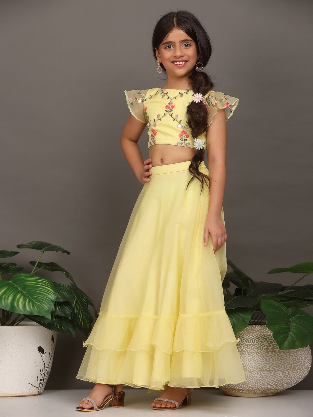 

Ethnovog Girls Floral Embroidered Thread Work Ready to Wear Organza Lehenga Choli, Yellow