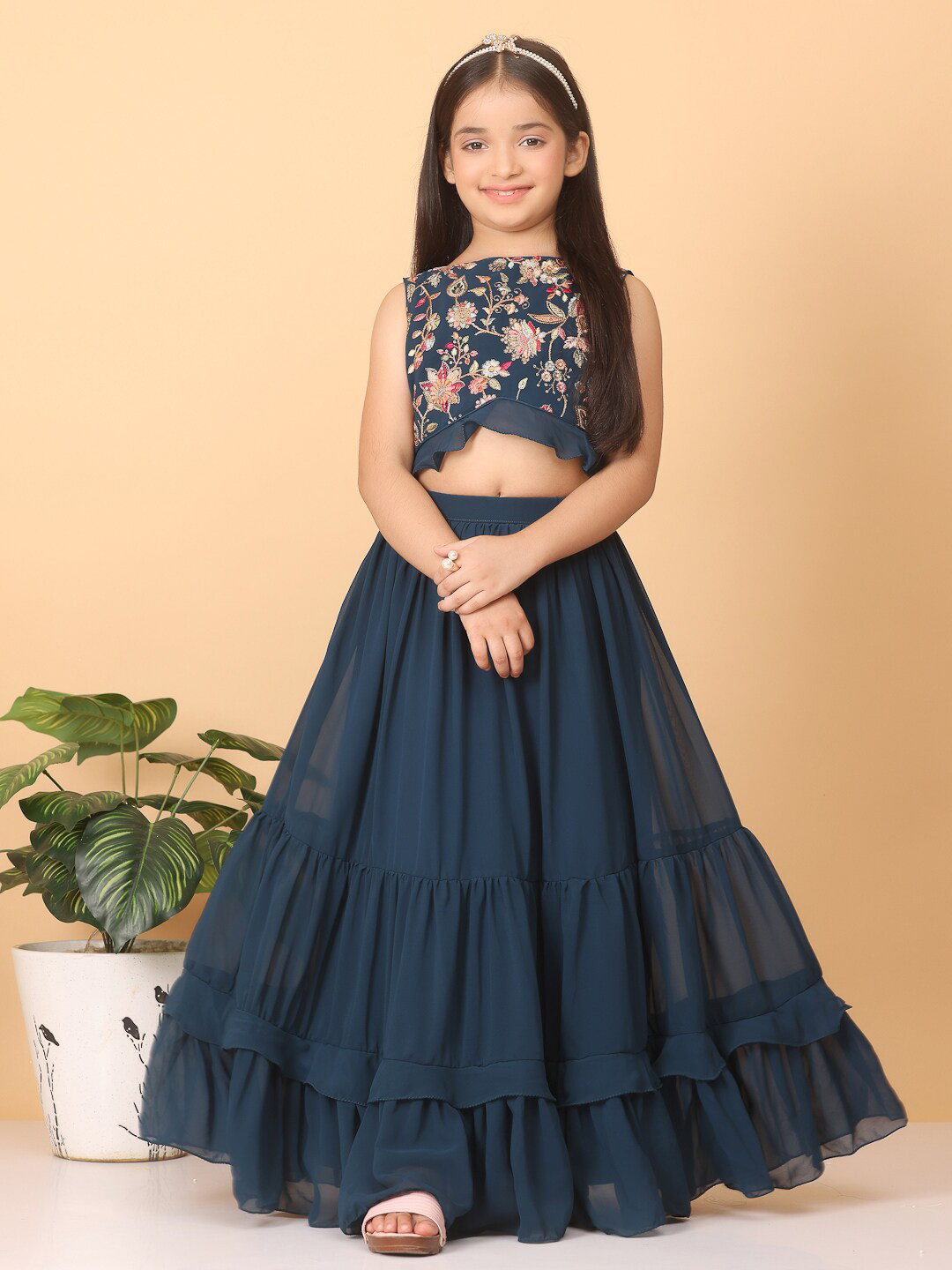 

Ethnovog Girls Embroidered & Sequined Ready to Wear Lehenga & Blouse, Blue