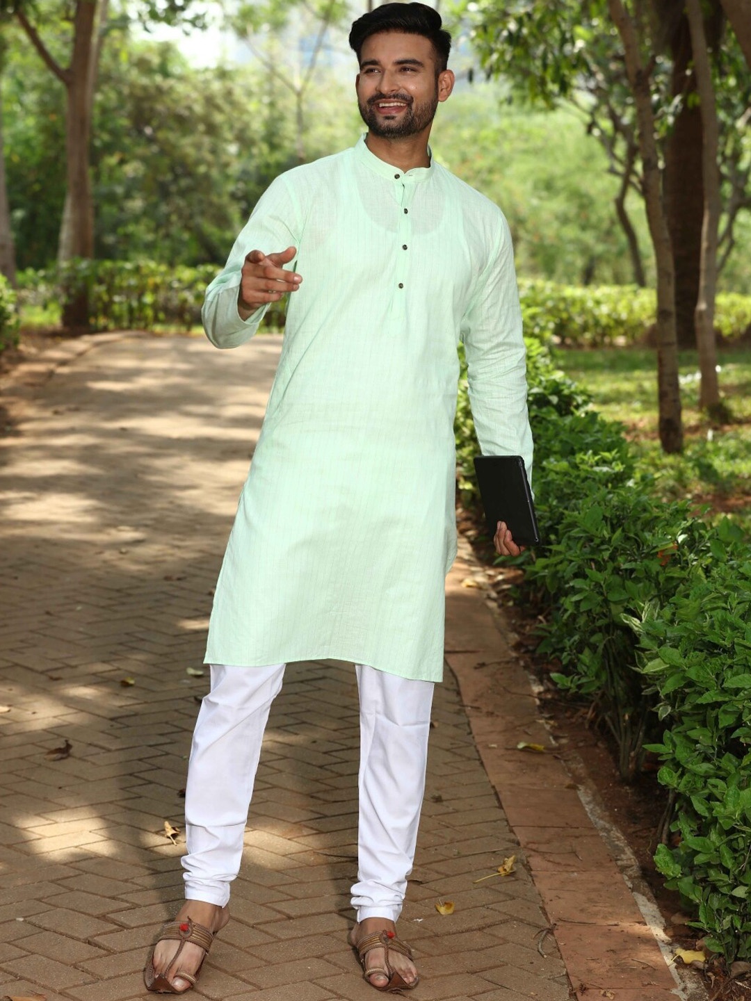 

Authentics Mandarin Collar Striped Regular Pure Cotton Kurta with Churidar, Green