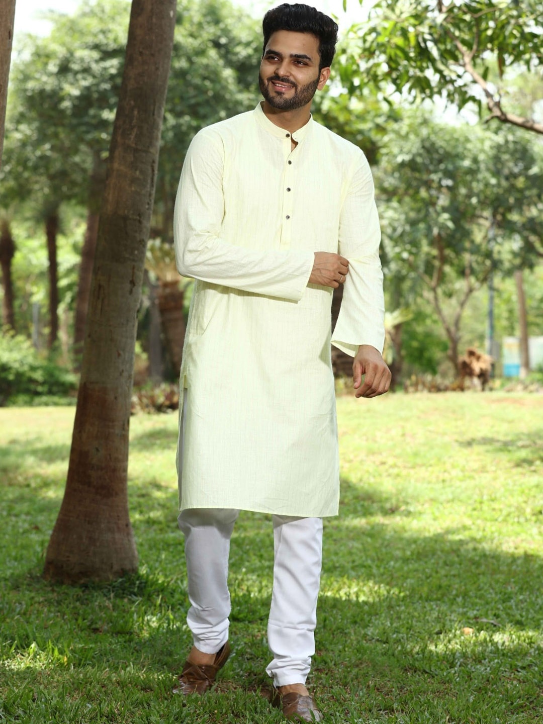 

Authentics Mandarin Collar Striped Regular Pure Cotton Kurta with Churidar, Yellow