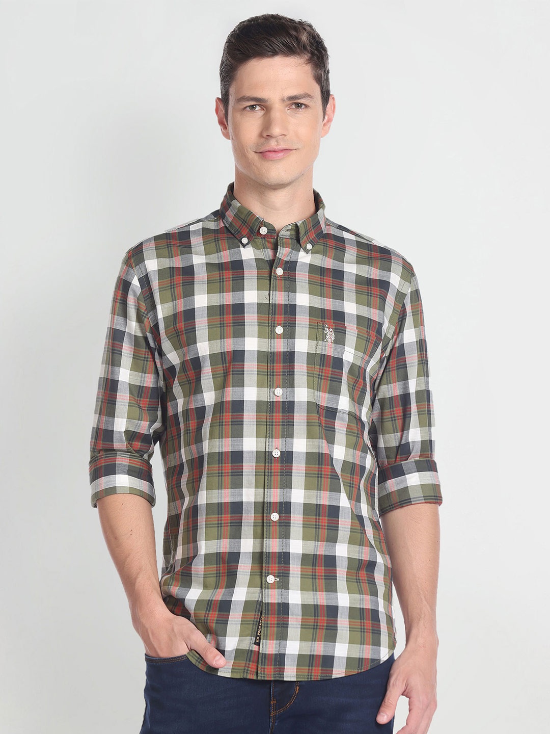 

U.S. Polo Assn. Denim Co. Slim Fit Tartan Checked Button-Down Collar Pure Cotton Shirt, Green