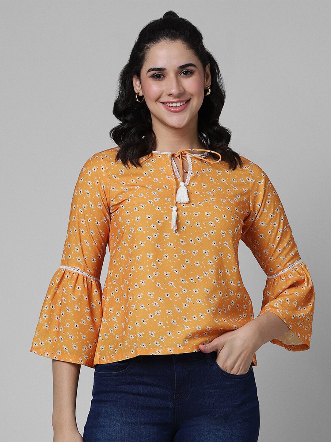 

Pantaloons Floral Print Tie-Up Neck Bell Sleeve Top, Orange