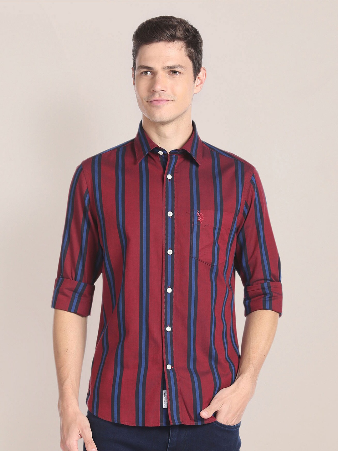 

U.S. Polo Assn. Vertical Stripes Opaque Casual Shirt, Red