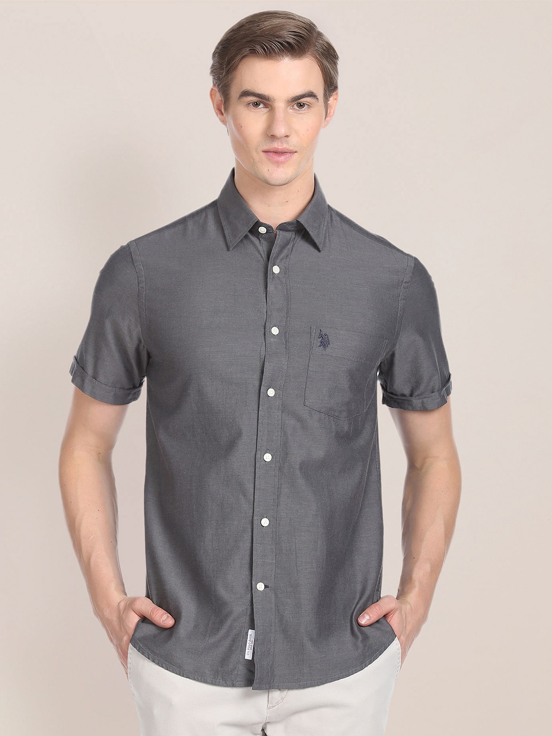 

U.S. Polo Assn. Spread Collar Pure Cotton Casual Shirt, Grey