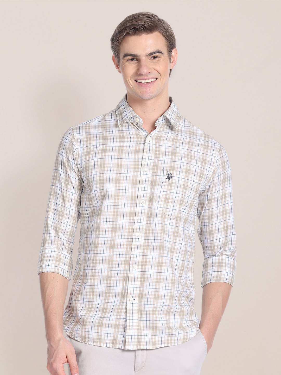 

U.S. Polo Assn. Tartan Checks Opaque Pure Cotton Casual Shirt, Beige