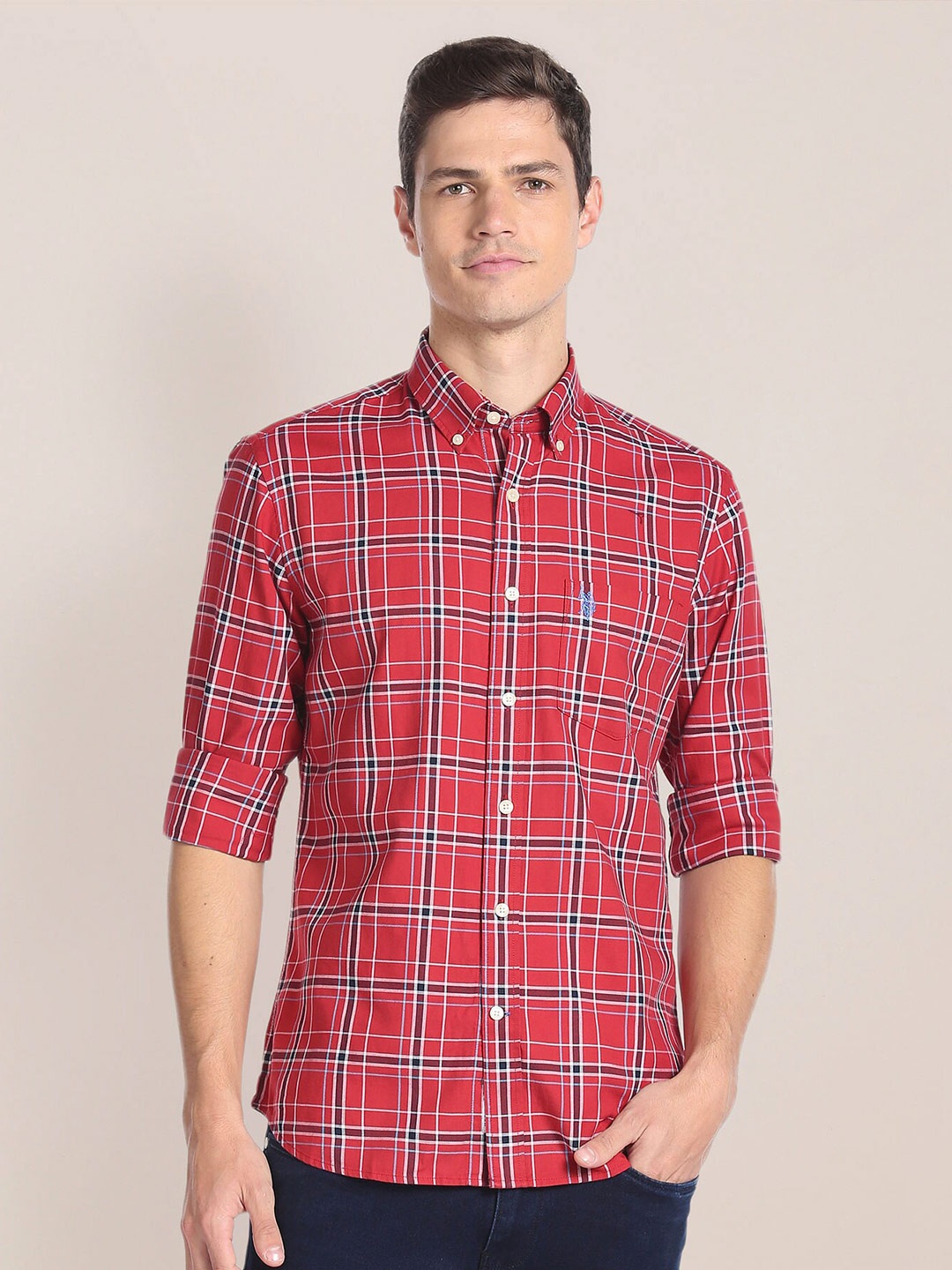 

U.S. Polo Assn. Tartan Checks Button-Down Collar Cotton Casual Shirt, Red