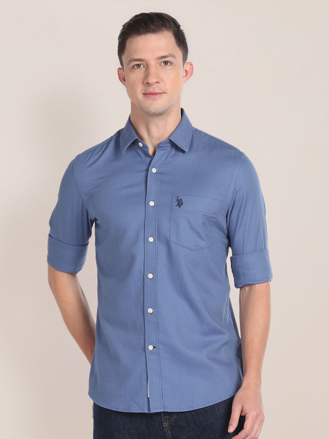 

U.S. Polo Assn. Spread Collar Pure Cotton Casual Shirt, Blue