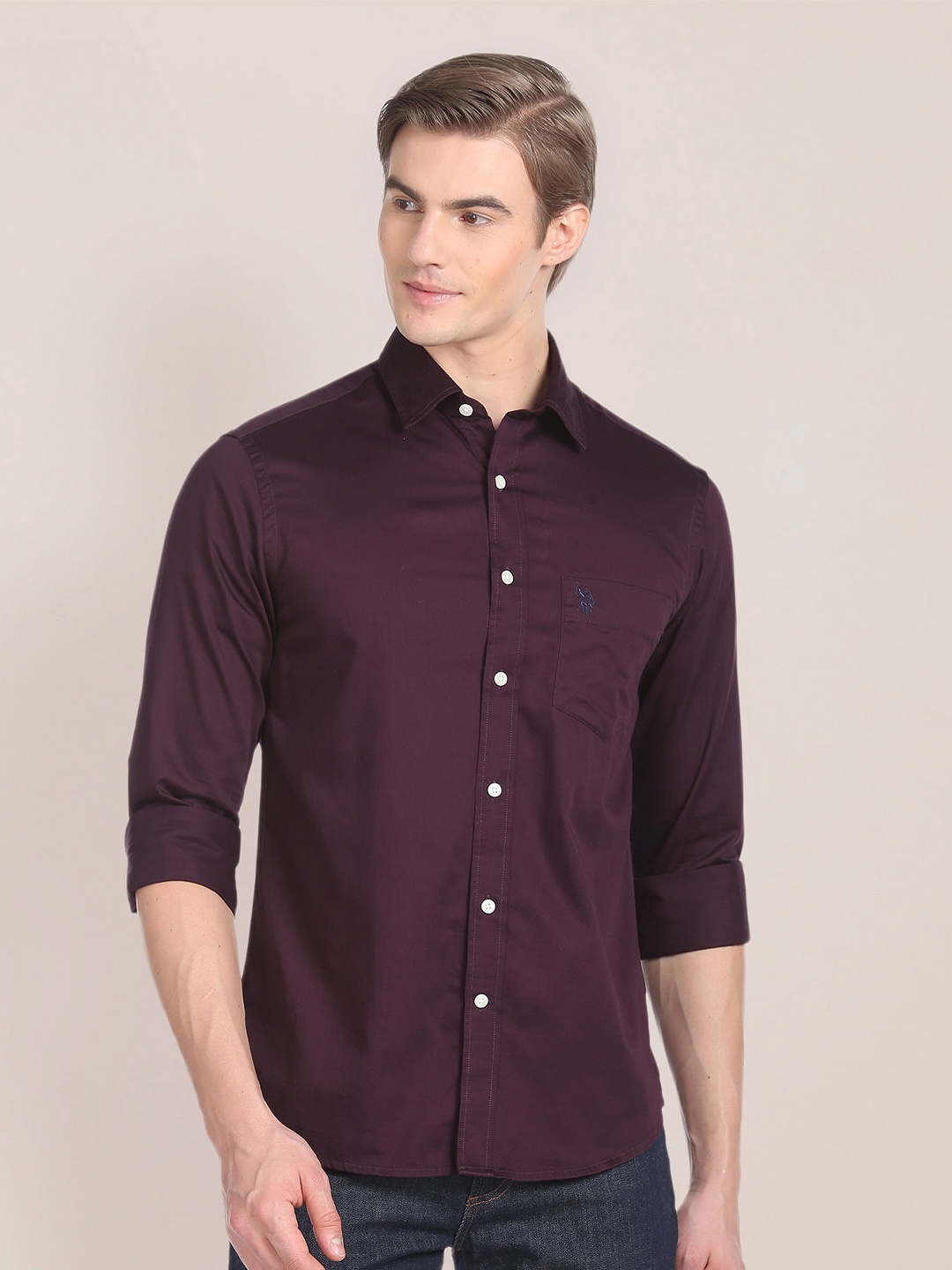 

U.S. Polo Assn. Spread Collar Long Sleeve Pocket Cotton Casual Shirt, Purple