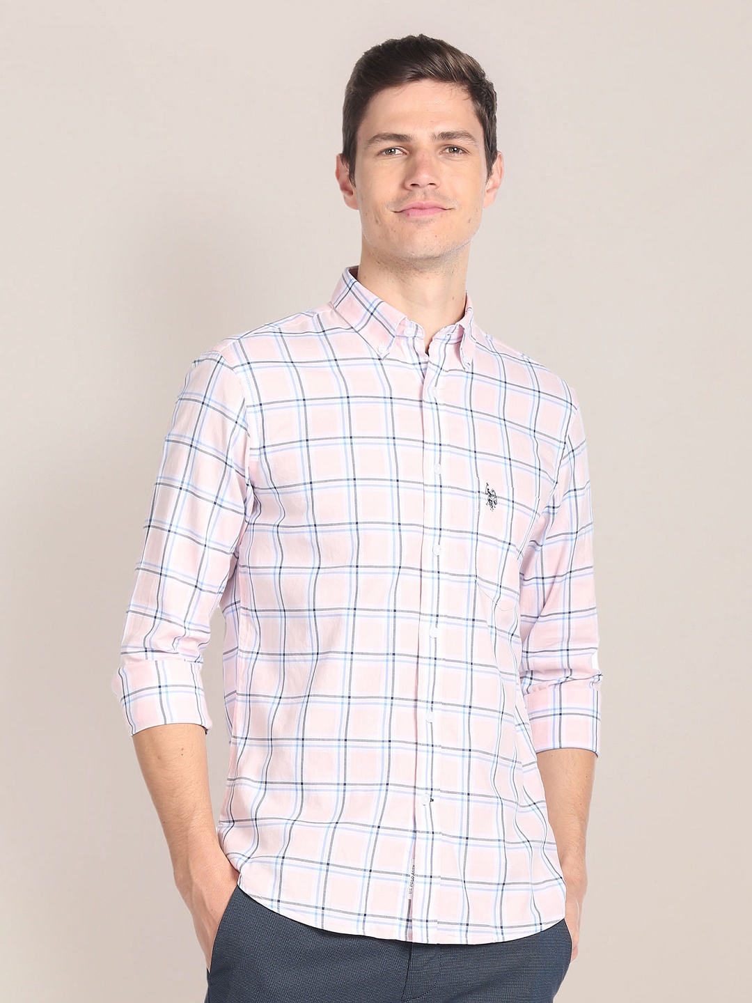 

U.S. Polo Assn. Windowpane Checked Cotton Button-Down Collar Opaque Casual Shirt, Pink