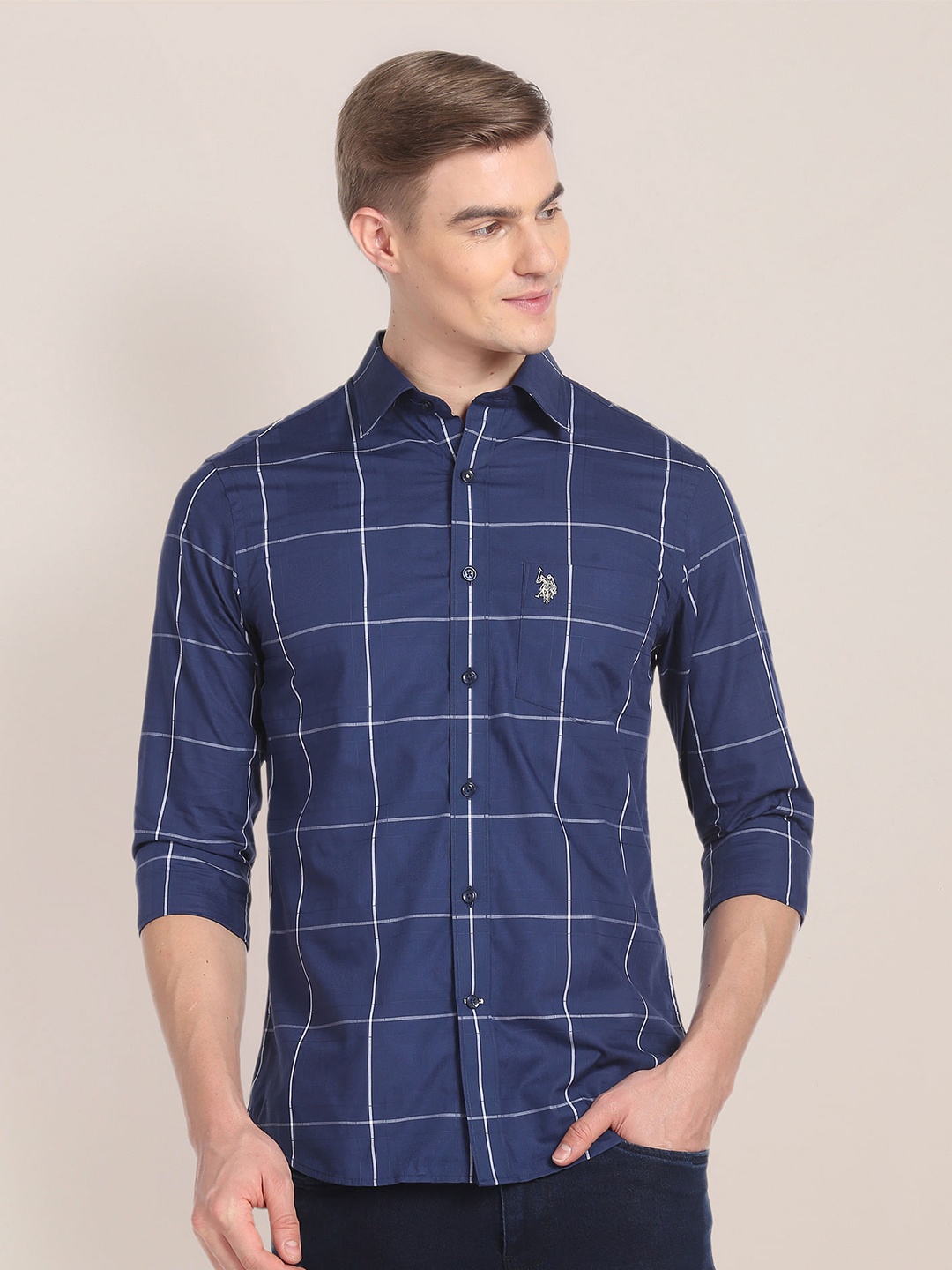 

U.S. Polo Assn. Windowpane Checked Pure Cotton Casual Shirt, Blue