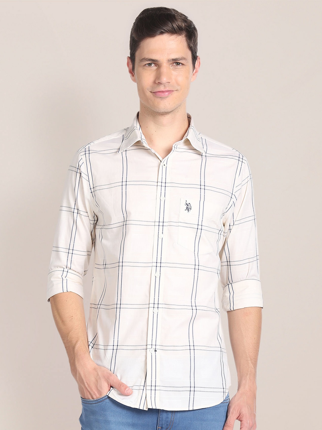 

U.S. Polo Assn. Windowpane Checks Cotton Casual Shirt, Beige