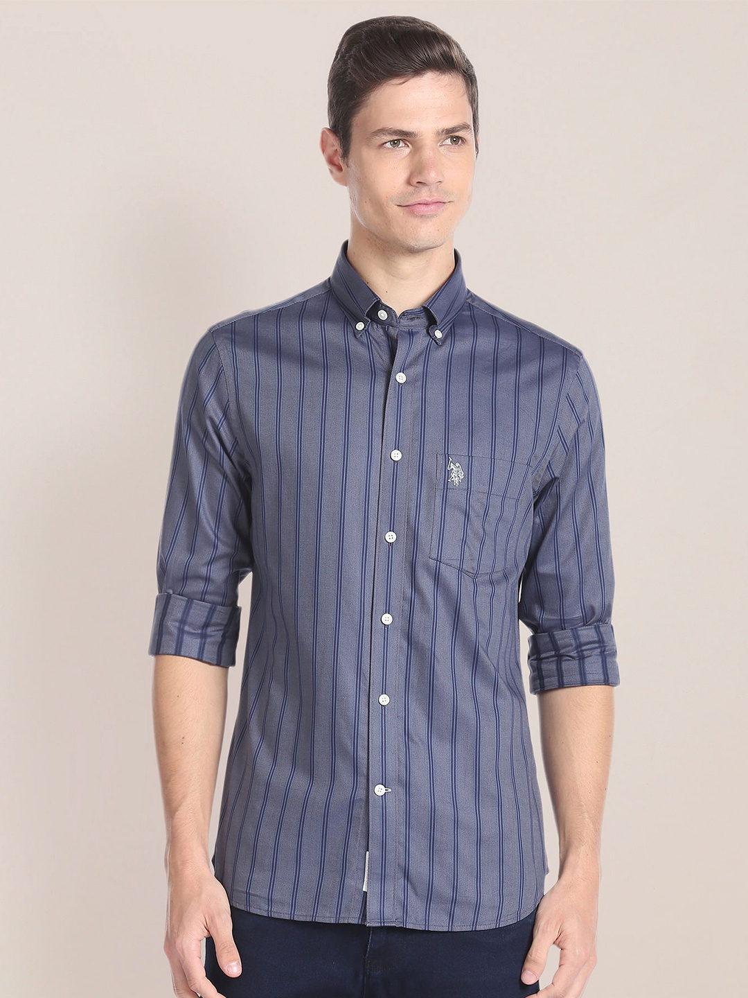 

U.S. Polo Assn. Vertical Striped Opaque Casual Shirt, Grey