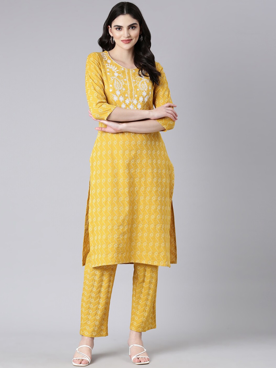 

ERISHA Ethnic Motifs Embroidered Pure Cotton Kurta with Trousers, Mustard