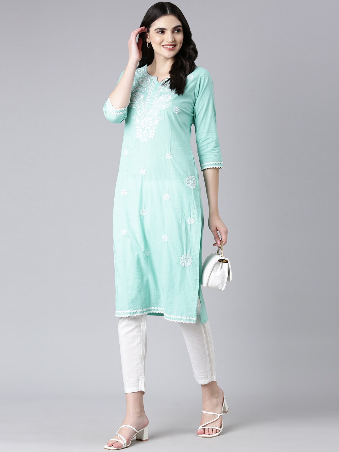 

ERISHA Floral Embroidered Pure Cotton Kurta With Trousers, Blue