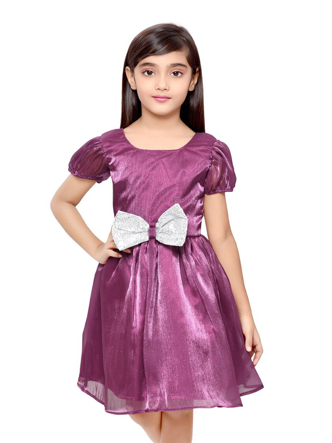 

Doodle Girls Puff Sleeve Bow Detailed Fit & Flare Dress, Burgundy