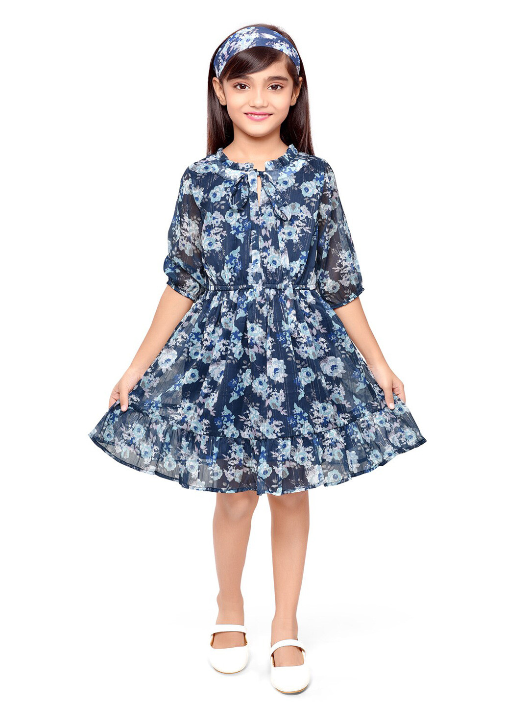 

Doodle Girls Floral Printed Tie-Ups Chiffon Fit & Flare Dress, Navy blue