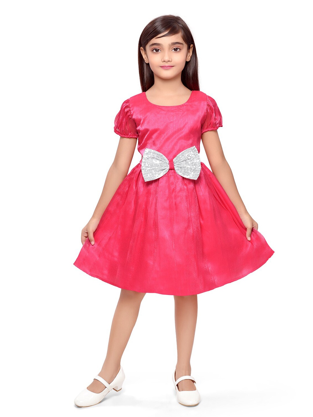 

Doodle Girls Puff Sleeve Bow Detailed Fit & Flare Dress, Pink