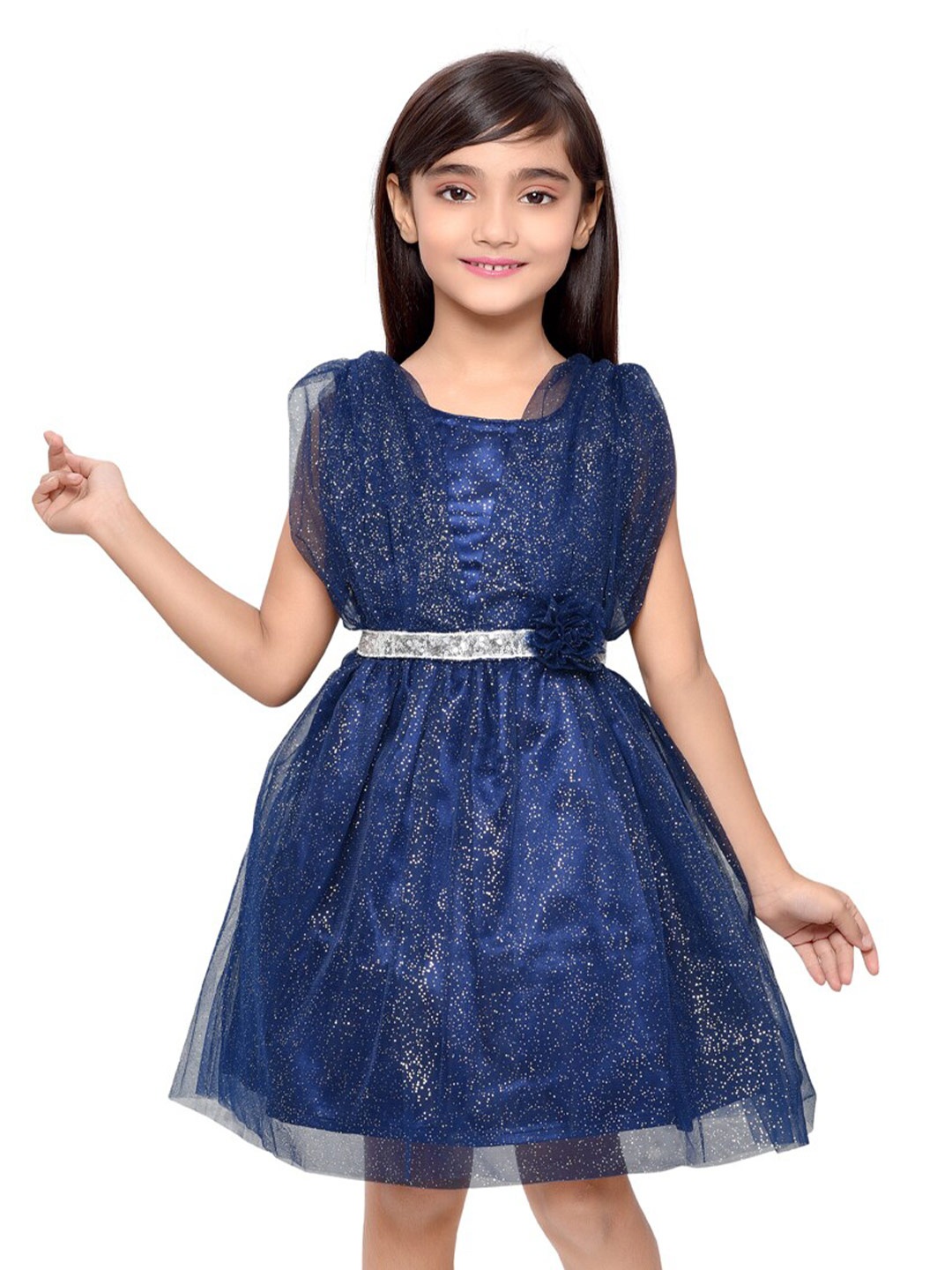 

Doodle Girls Embellished Corsage Detailed Net Fit & Flare Dress, Navy blue