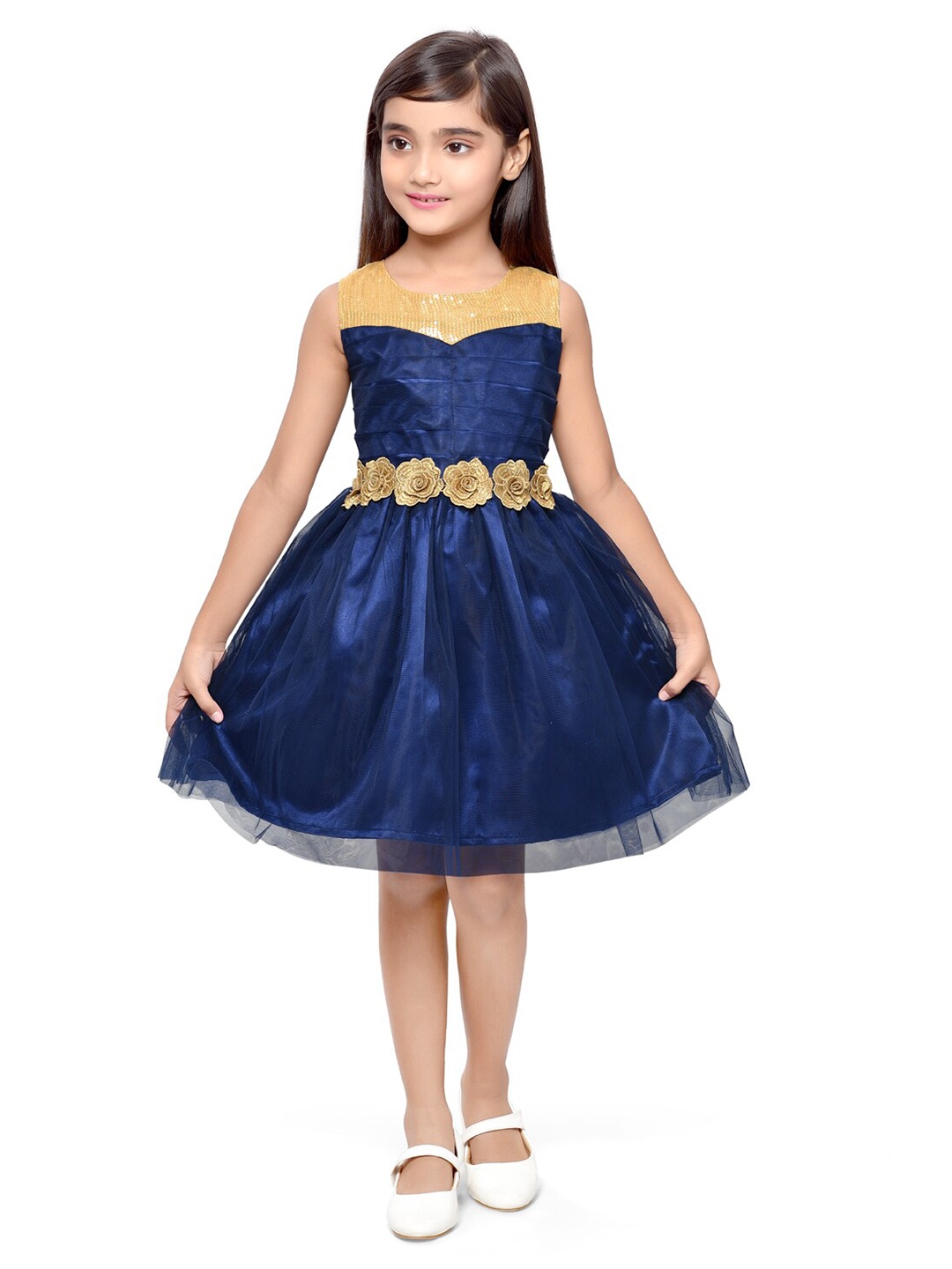 

Doodle Girls Embellished Corsage Detailed Net Fit & Flare Dress, Navy blue