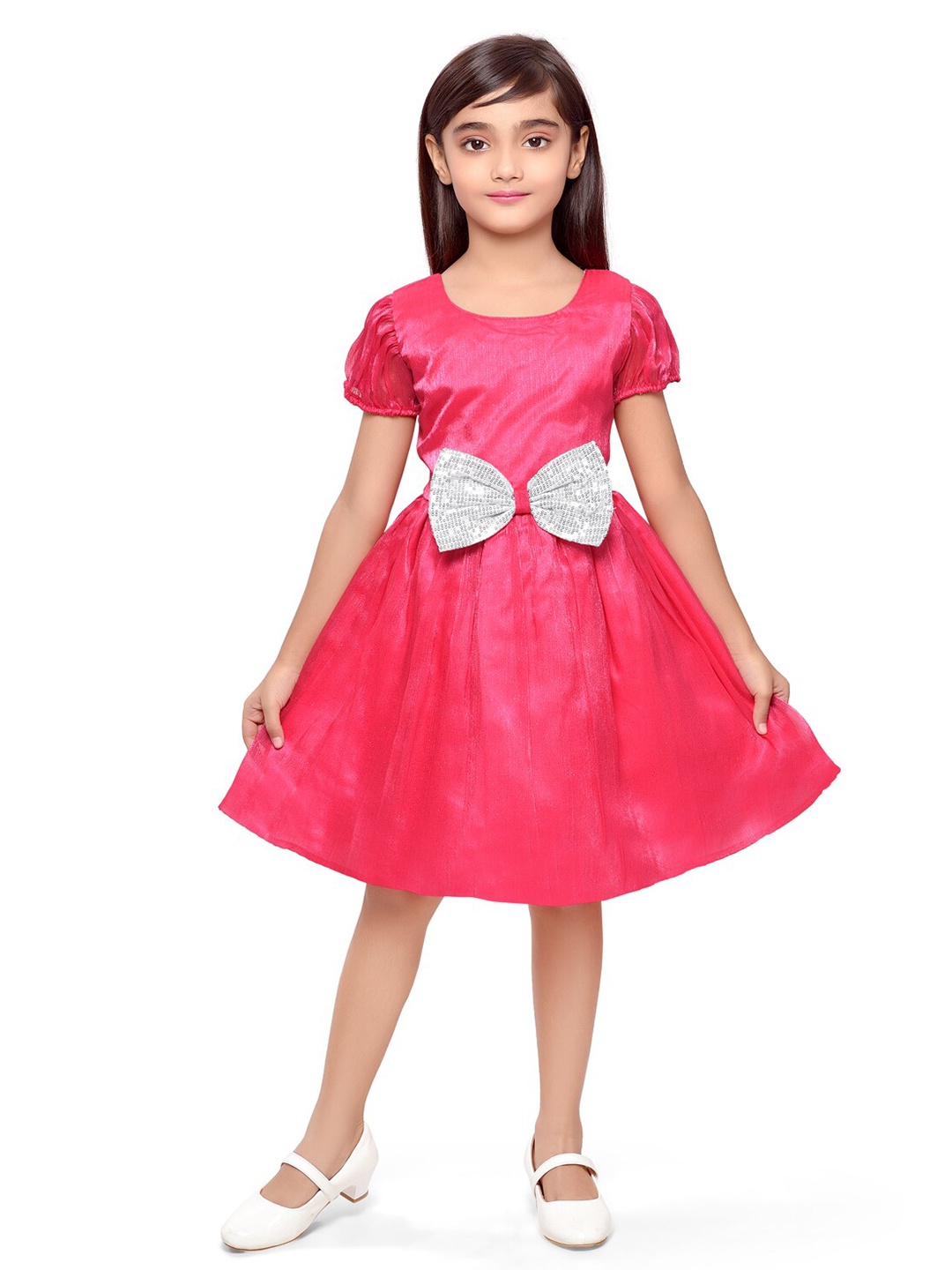 

Doodle Girls Puff Sleeve Bow Detailed Fit & Flare Dress, Pink