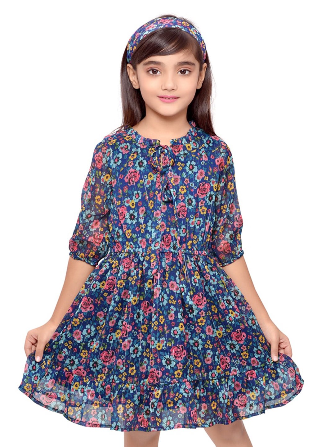 

Doodle Girls Floral Printed Tie-Up Neck Fit & Flare Dress, Navy blue