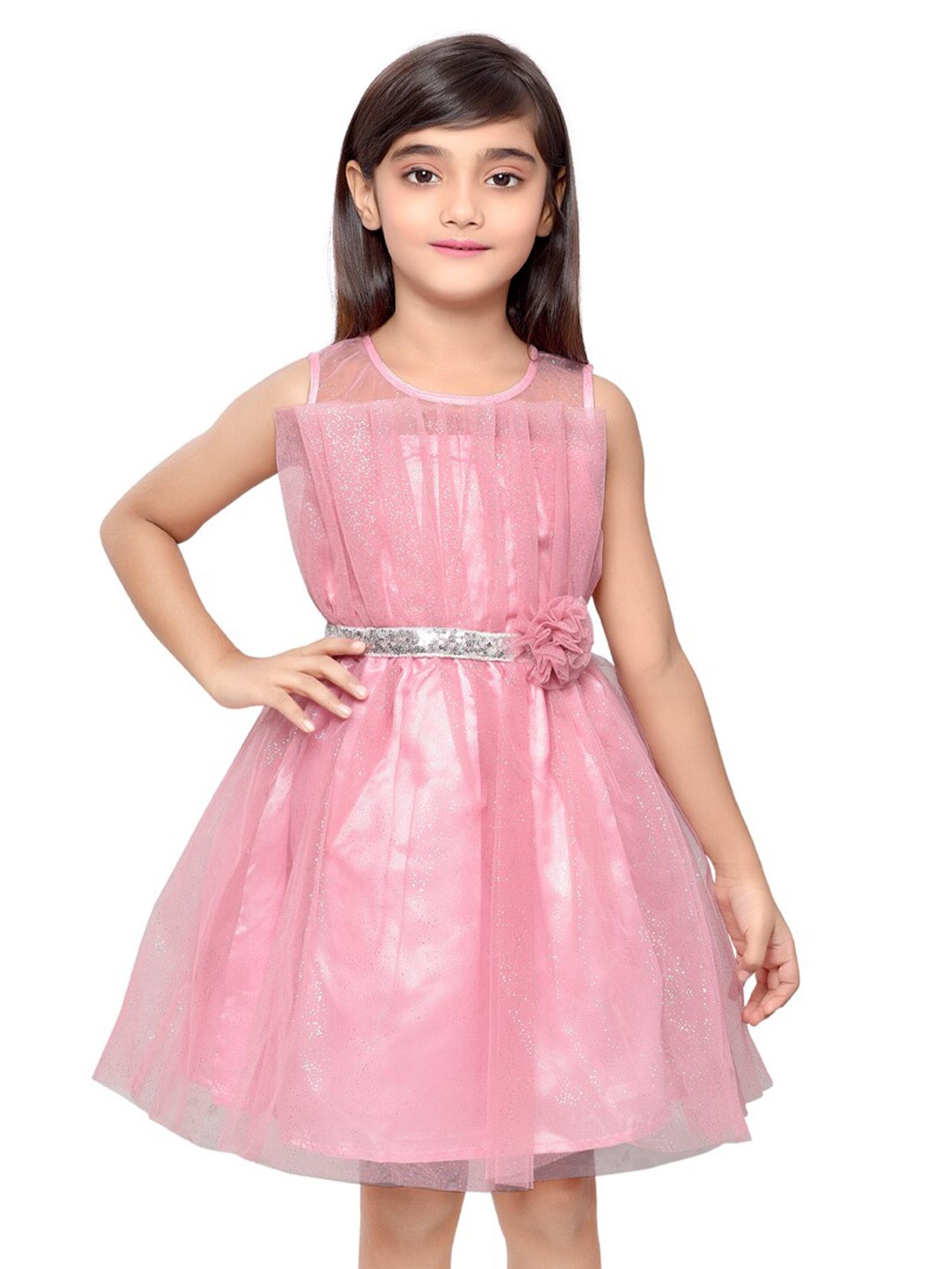 

Doodle Girls Embellished Corsage Detailed Net Fit & Flare Dress, Pink