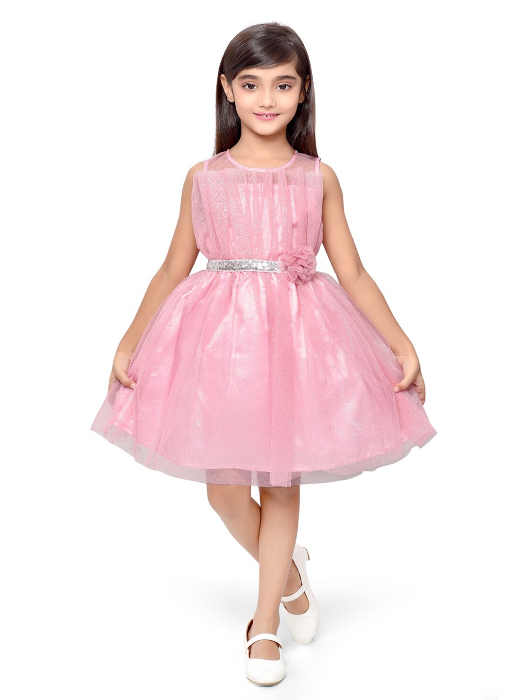 

Doodle Girls Embellished Corsage Detailed Net Fit & Flare Dress, Pink