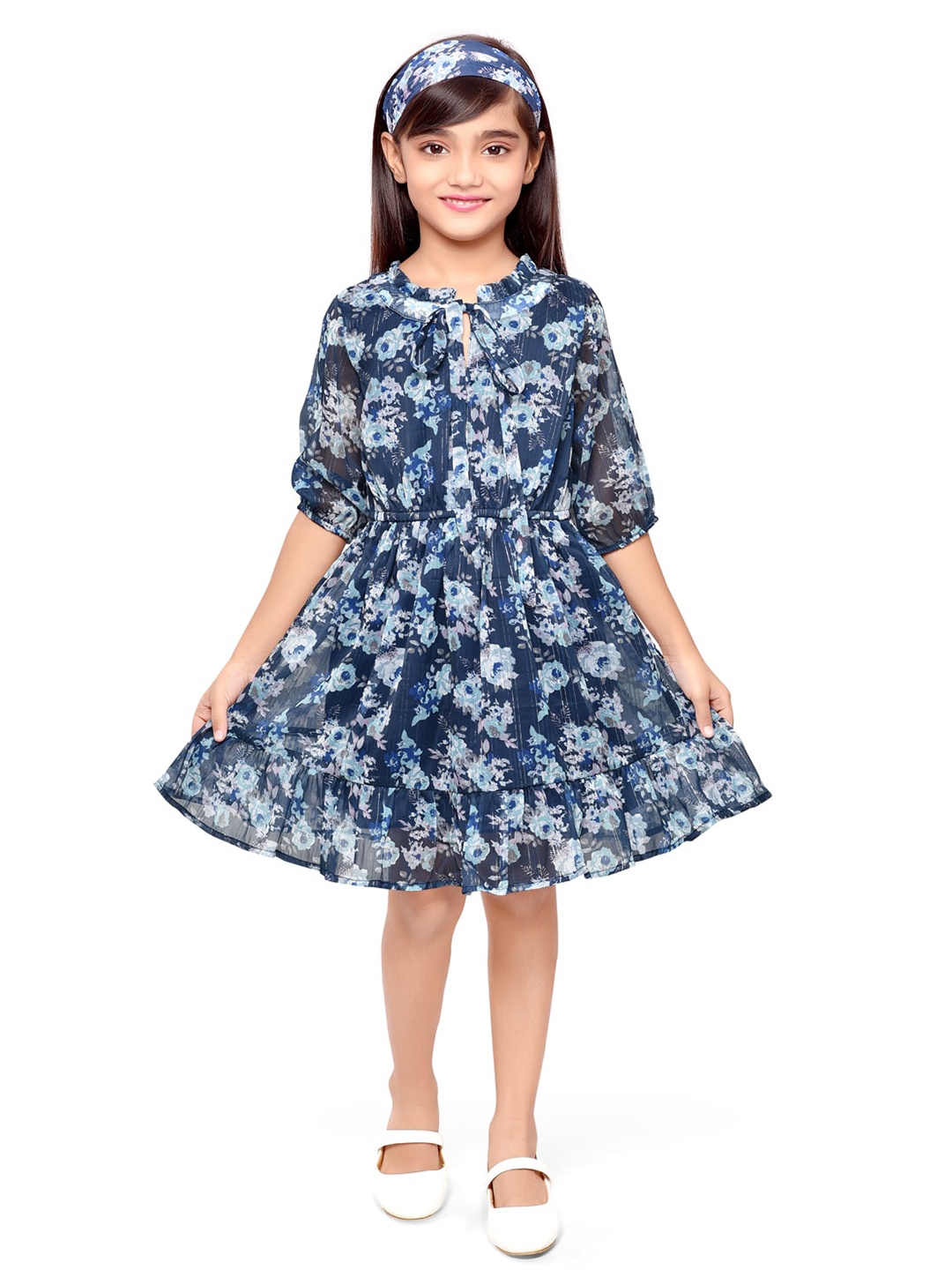 

Doodle Girls Floral Printed Tie-Up Neck Fit & Flare Dress, Navy blue