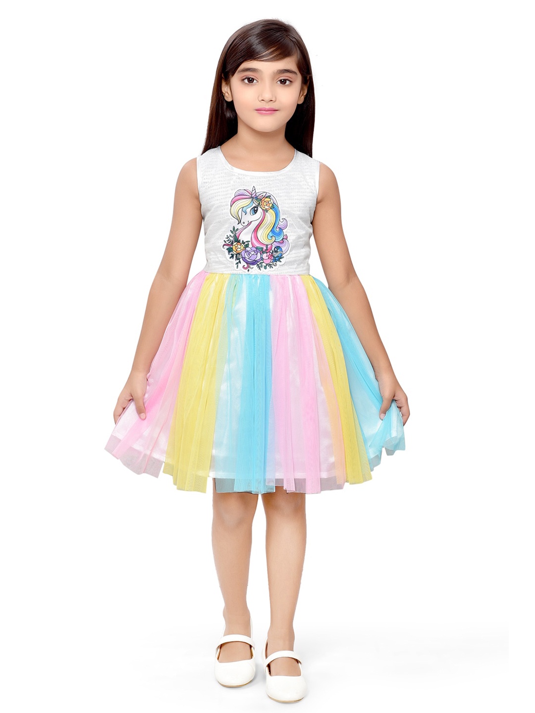 

Doodle Girls Unicorn Printed Gathered Net Fit & Flare Dress, White