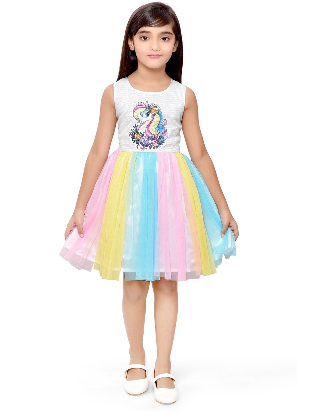 

Doodle Girls Unicorn Printed Gathered Net Fit & Flare Dress, White