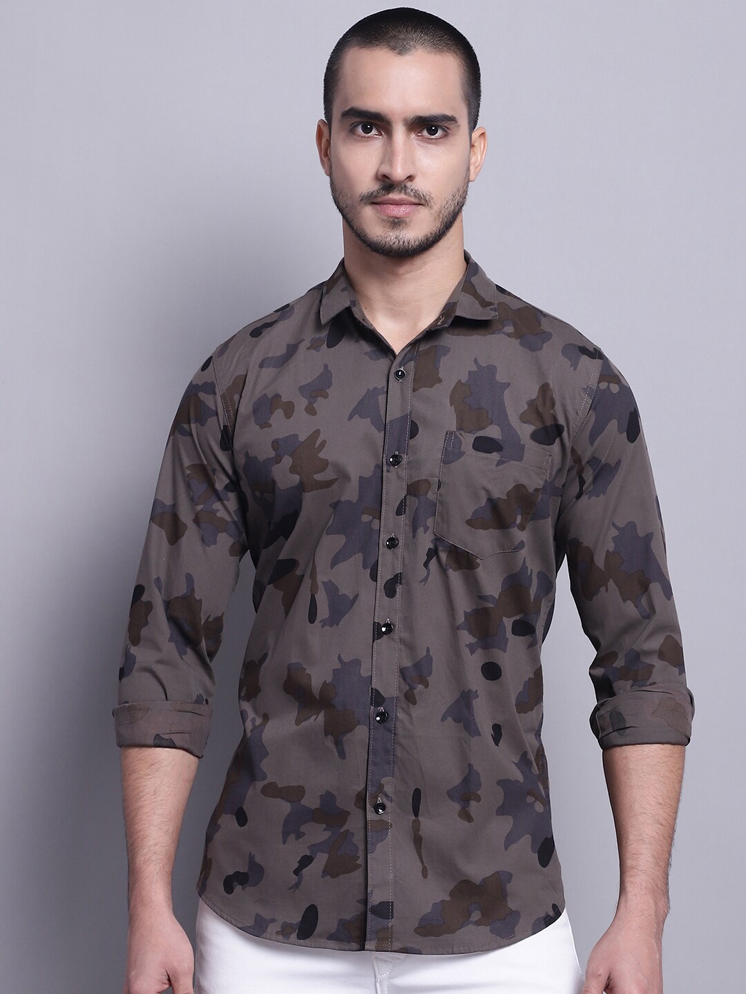 

HANUMNTRA Comfort Camouflage Printed Casual Shirt, Grey