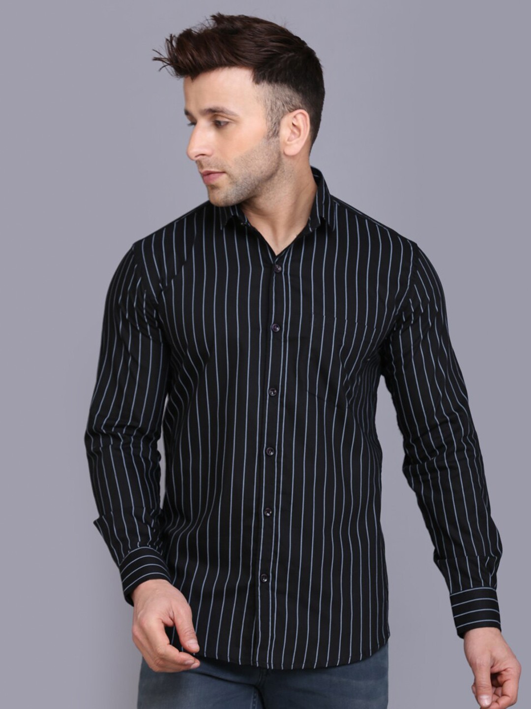 

HANUMNTRA Comfort Striped Opaque Casual Shirt, Black