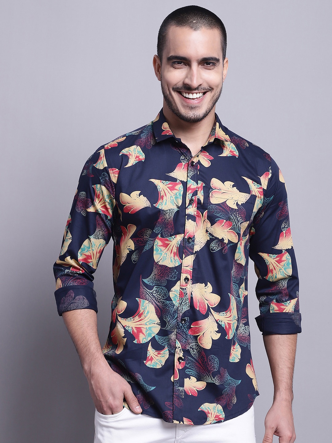 

HANUMNTRA Comfort Floral Printed Opaque Casual Shirt, Blue
