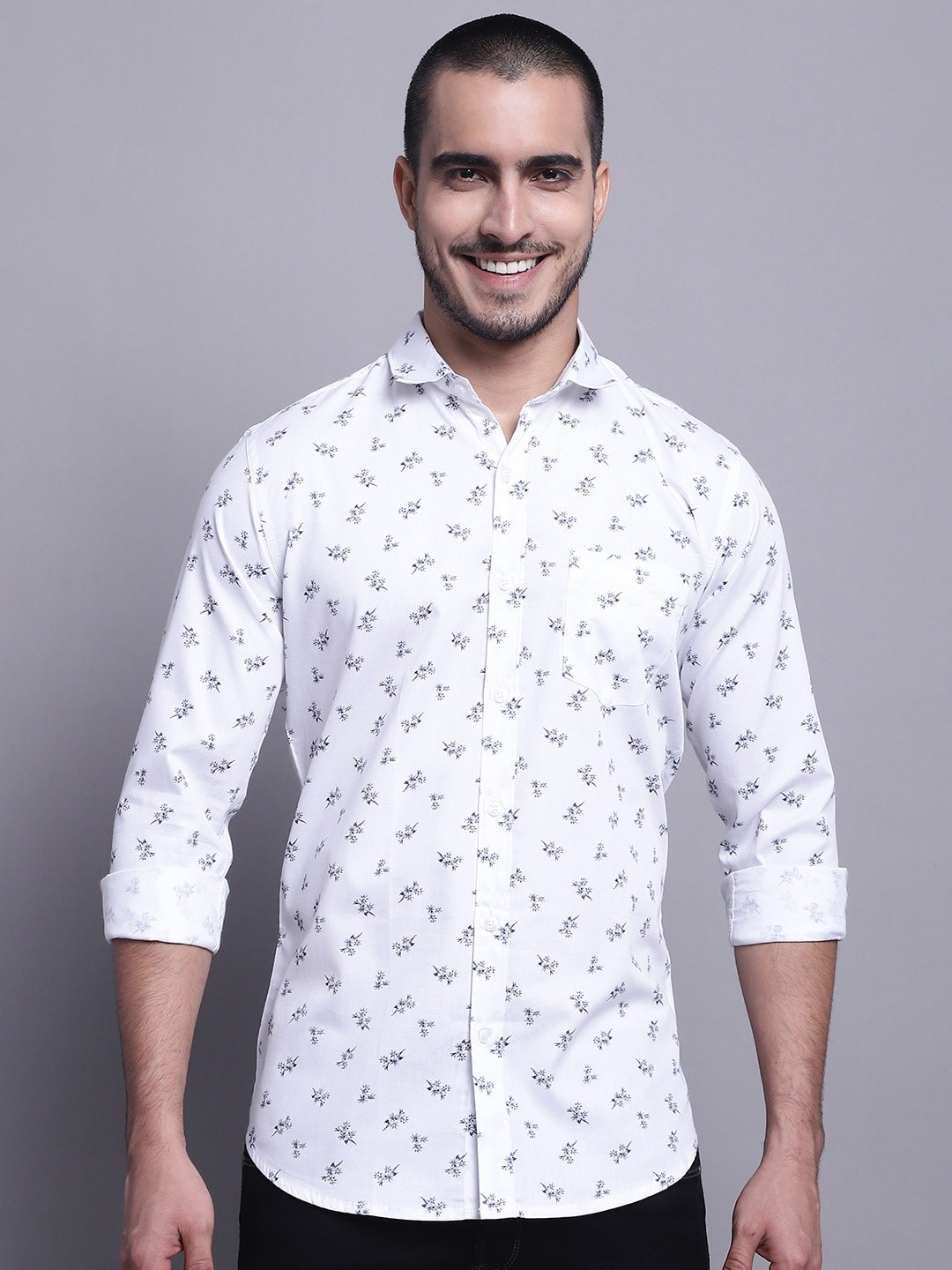 

HANUMNTRA Comfort Floral Printed Opaque Casual Shirt, White