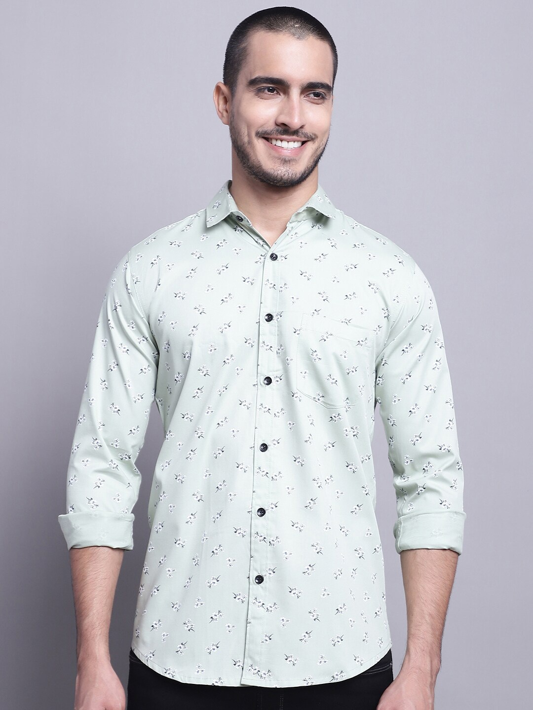 

HANUMNTRA Comfort Floral Printed Opaque Casual Shirt, Sea green