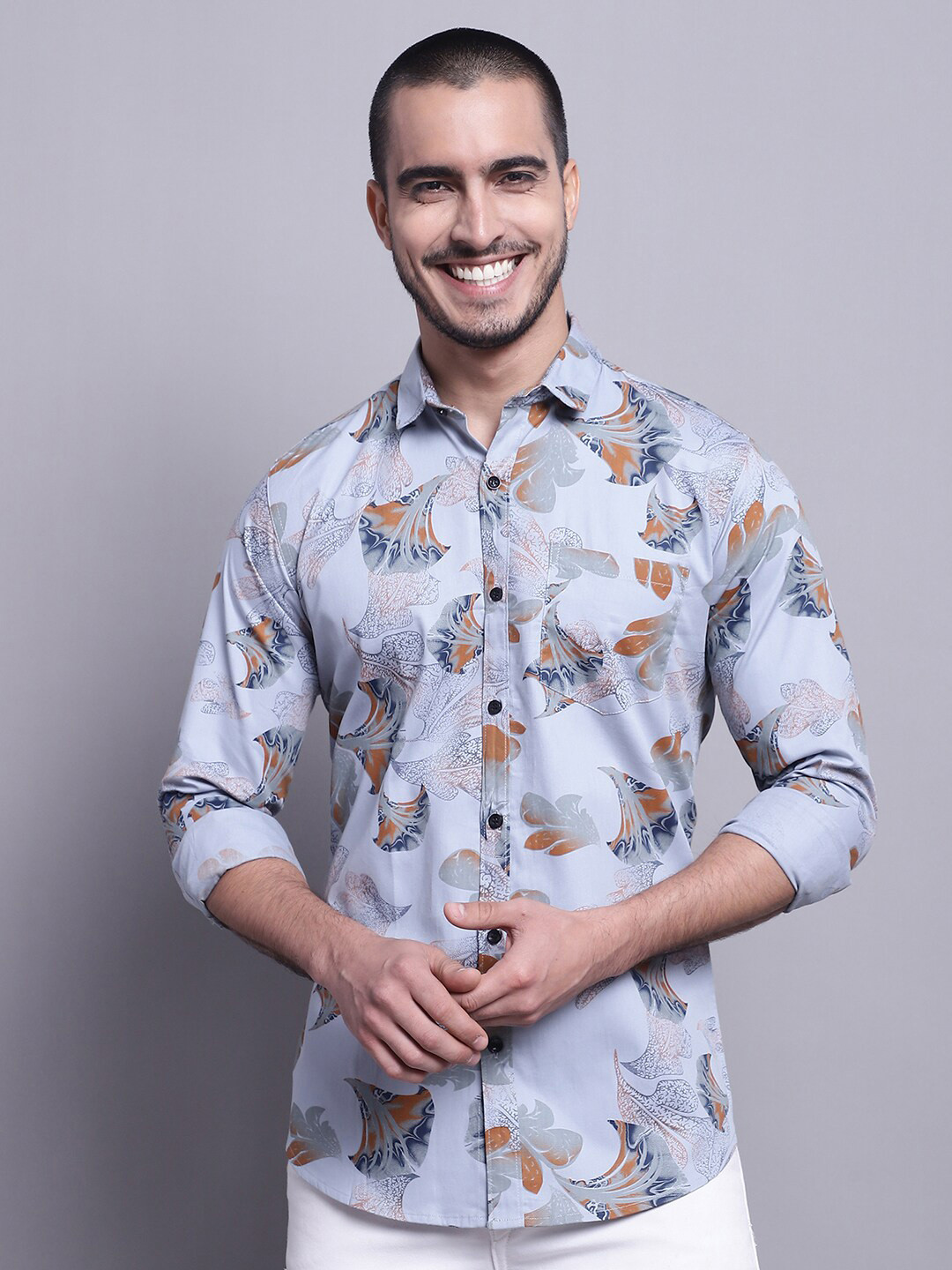 

HANUMNTRA Comfort Floral Printed Cotton Linen Casual Shirt, Grey
