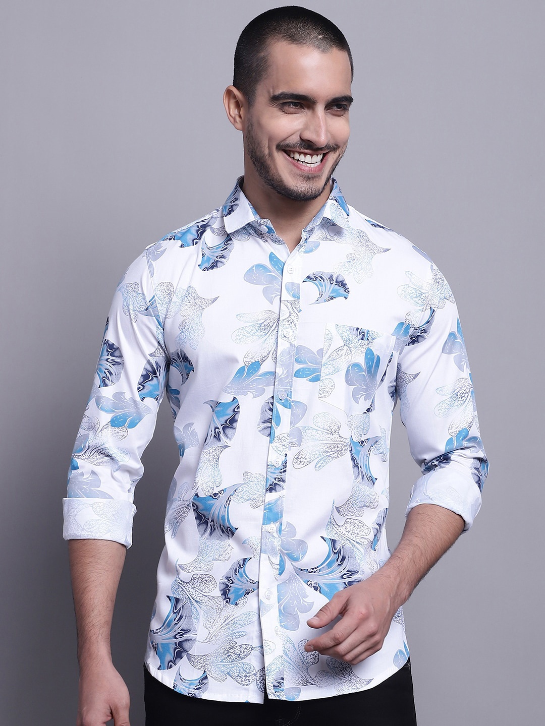

HANUMNTRA Comfort Floral Printed Casual Shirt, White