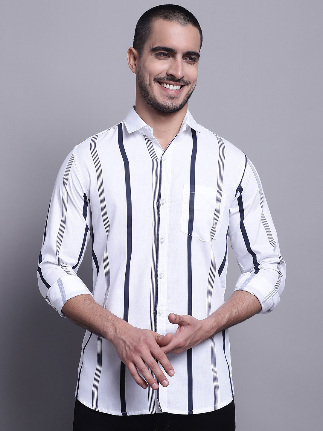 

HANUMNTRA Comfort Striped Opaque Casual Shirt, White