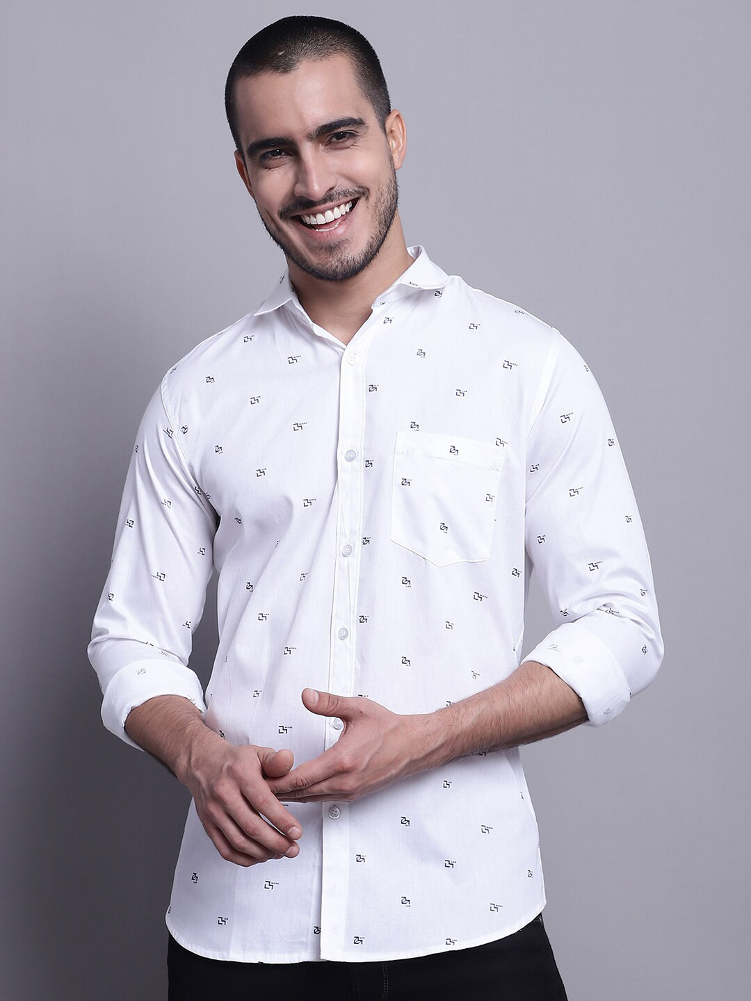 

HANUMNTRA Comfort Micro Ditsy Printed Opaque Casual Shirt, White